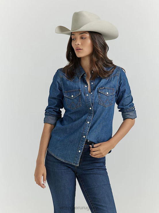 Denim oscuro Wrangler mujer camisa vaquera de manga larga con broche estilo western ropa F8J4V881