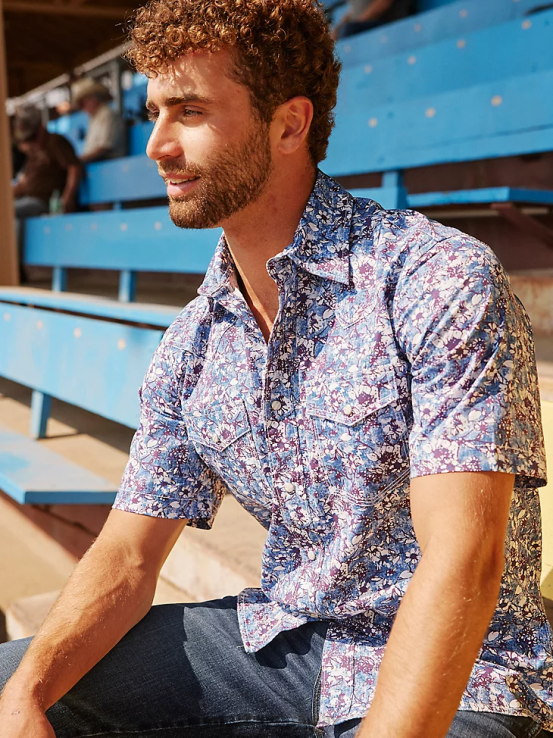acuarela violeta Wrangler hombres Camisa de manga corta con estampado de broche occidental y comodidad avanzada de competición 20x ropa F8J4V504