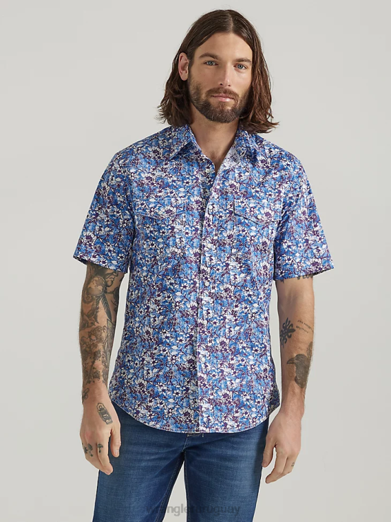acuarela violeta Wrangler hombres Camisa de manga corta con estampado de broche occidental y comodidad avanzada de competición 20x ropa F8J4V504