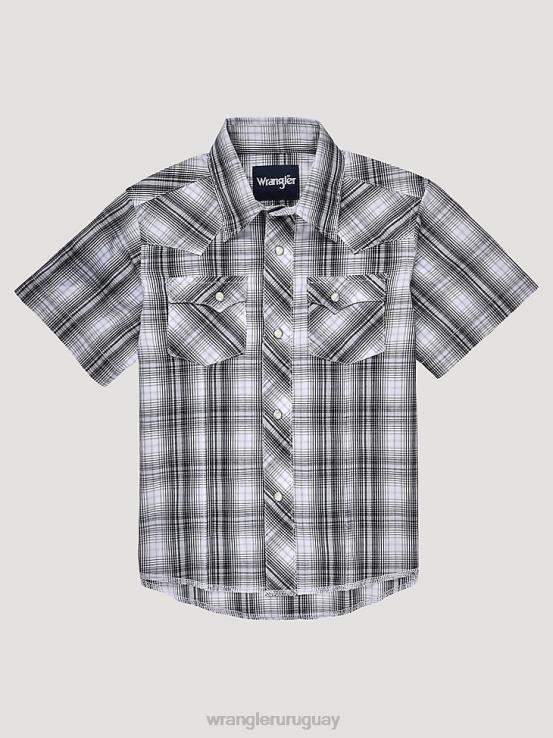 ajedrez gris Wrangler Niños Camisa a cuadros con broche occidental de moda de manga corta ropa F8J4V1005