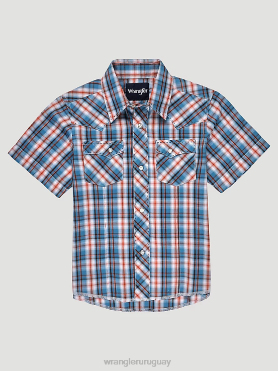 atardecer azul Wrangler Niños Camisa a cuadros con broche occidental de moda de manga corta ropa F8J4V1004