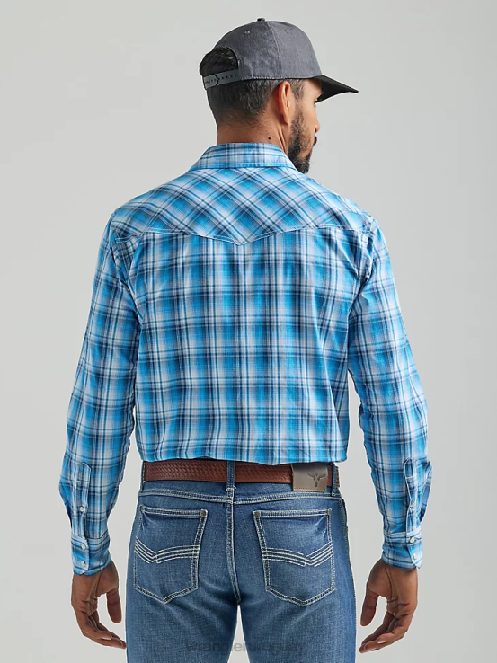azul Wrangler hombres Camisa a cuadros con botones a presión estilo occidental manga larga dos bolsillos comodidad avanzada 20x Competition ropa F8J4V493