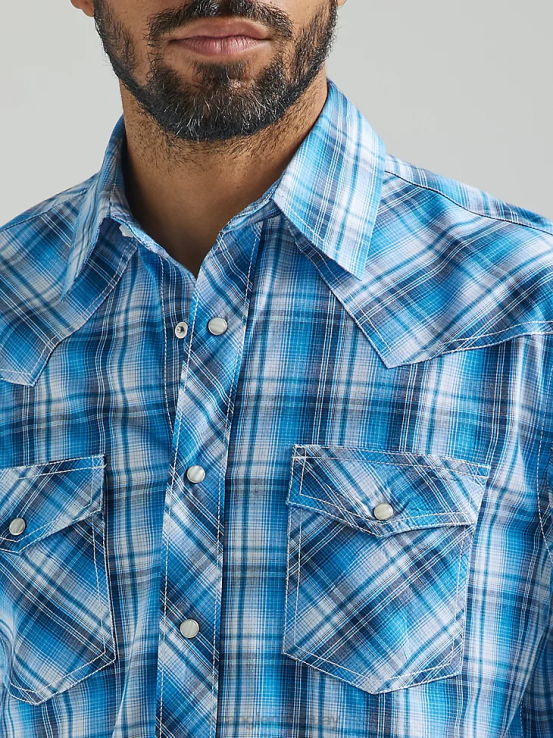 azul Wrangler hombres Camisa a cuadros con botones a presión estilo occidental manga larga dos bolsillos comodidad avanzada 20x Competition ropa F8J4V493