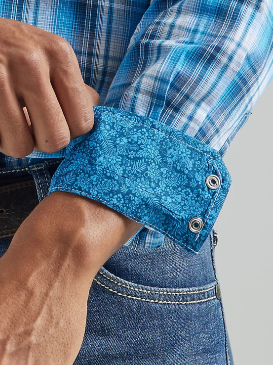 azul Wrangler hombres Camisa a cuadros con botones a presión estilo occidental manga larga dos bolsillos comodidad avanzada 20x Competition ropa F8J4V493