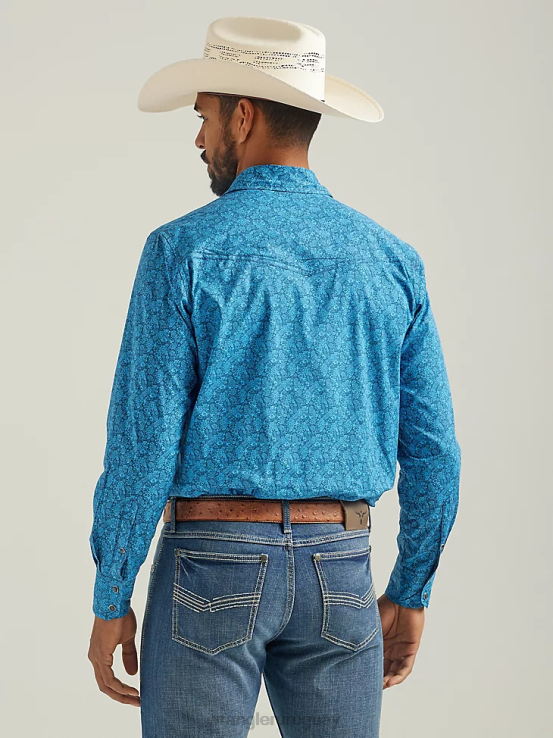 azul Wrangler hombres Camisa azul de manga larga con estampado de broche occidental y comodidad avanzada de competición 20x ropa F8J4V485