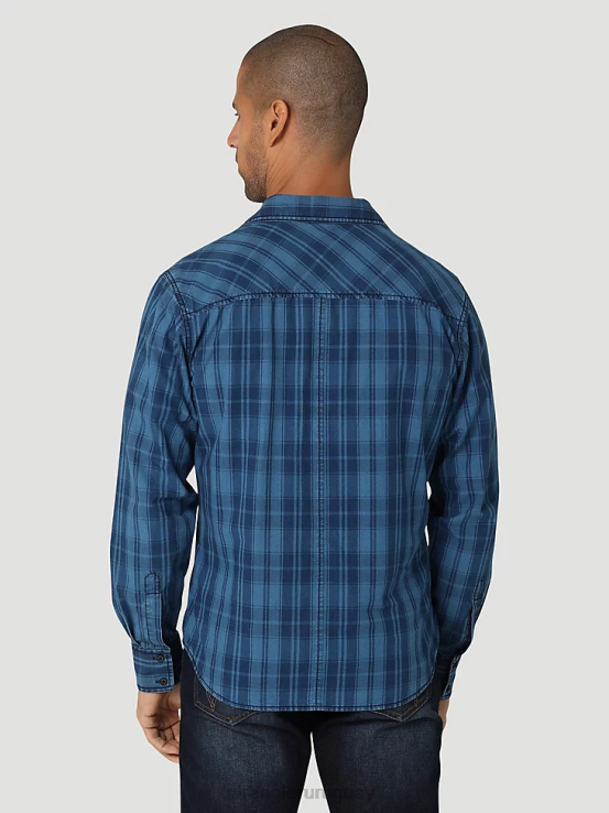 azul Wrangler hombres camisa a cuadros retro premium de manga larga con botones ropa F8J4V337