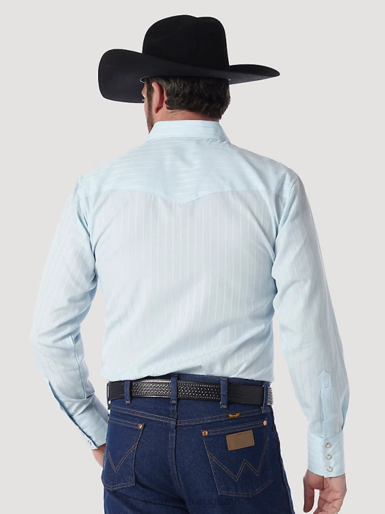 azul Wrangler hombres camisa occidental de manga larga con rayas dobby y botones a presión ropa F8J4V466