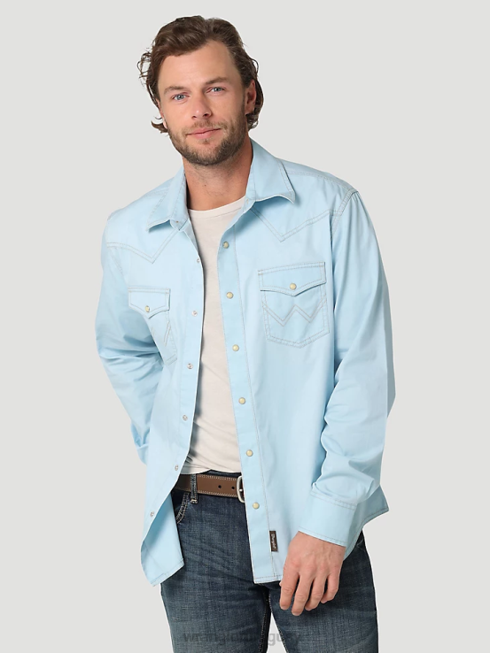 azul fresco Wrangler hombres camisa sólida retro premium con bolsillo con solapa y ribete en contraste occidental ropa F8J4V455