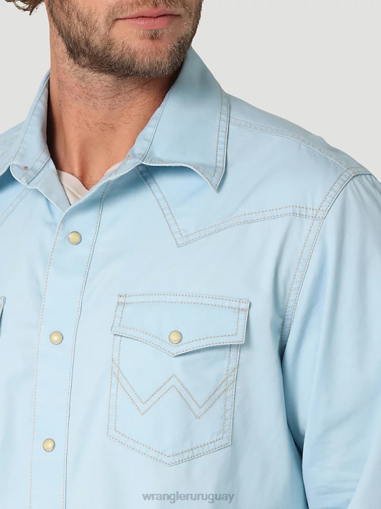 azul fresco Wrangler hombres camisa sólida retro premium con bolsillo con solapa y ribete en contraste occidental ropa F8J4V455