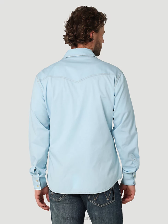 azul fresco Wrangler hombres camisa sólida retro premium con bolsillo con solapa y ribete en contraste occidental ropa F8J4V455