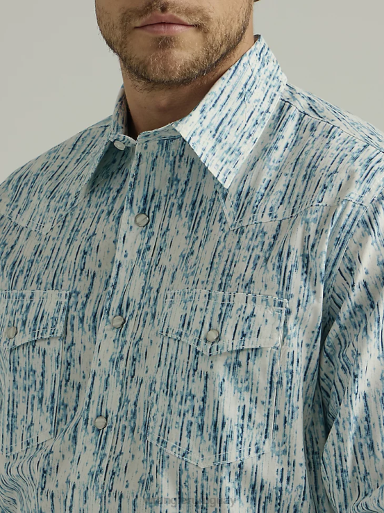 azul lluvioso Wrangler hombres Camisa con estampado occidental de manga larga y comodidad avanzada 20x Competition ropa F8J4V490