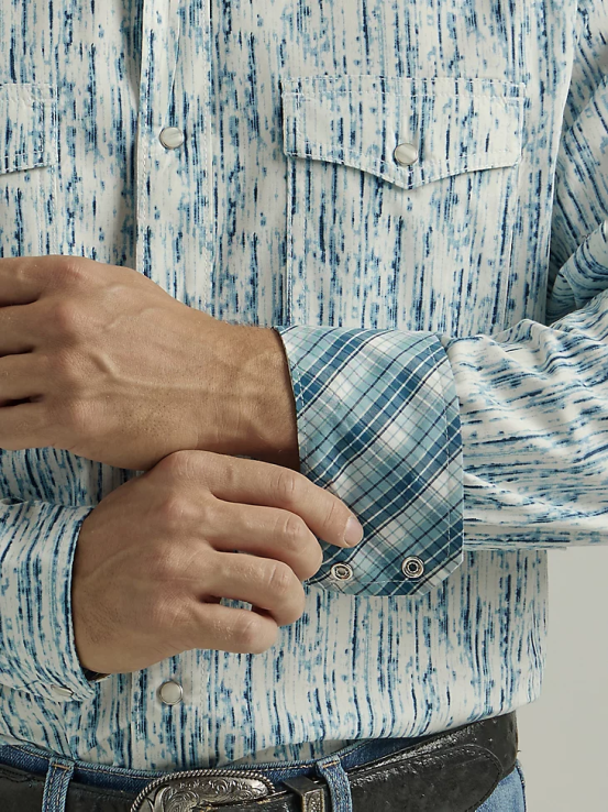 azul lluvioso Wrangler hombres Camisa con estampado occidental de manga larga y comodidad avanzada 20x Competition ropa F8J4V490