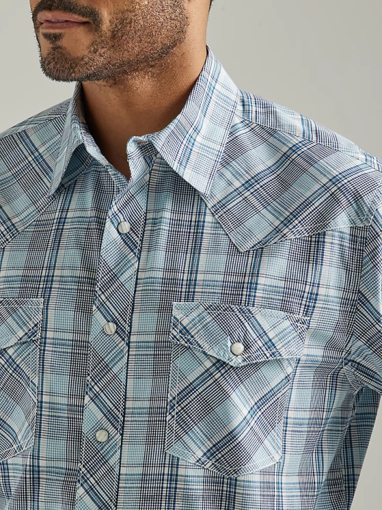 azul marino Wrangler hombres Camisa a cuadros con botones a presión estilo occidental manga larga dos bolsillos comodidad avanzada 20x Competition ropa F8J4V495