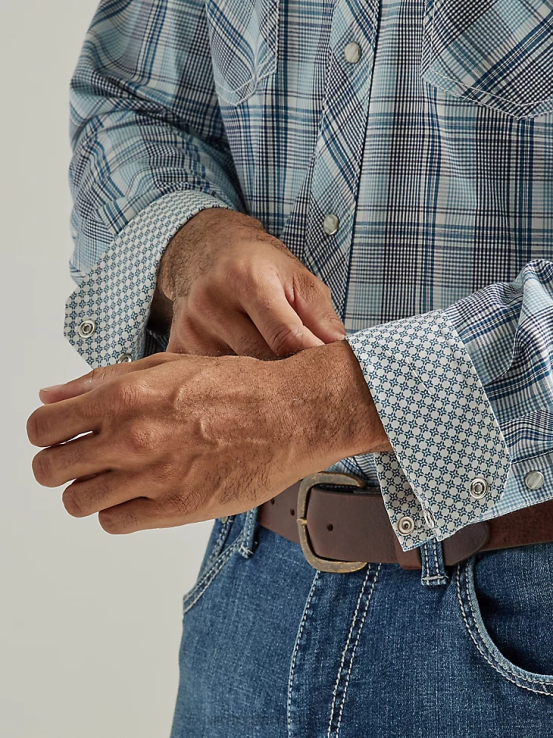 azul marino Wrangler hombres Camisa a cuadros con botones a presión estilo occidental manga larga dos bolsillos comodidad avanzada 20x Competition ropa F8J4V495