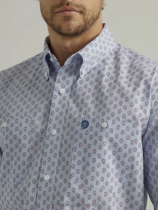 azul paisley Wrangler hombres Camisa con estampado de botones y 2 bolsillos de manga corta George Strait ropa F8J4V366