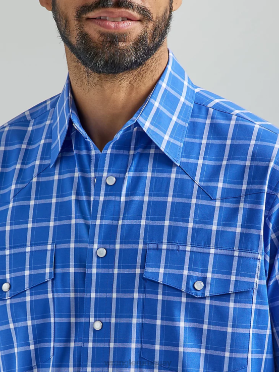 azul real Wrangler hombres camisa a cuadros de manga corta resistente a las arrugas ropa F8J4V444