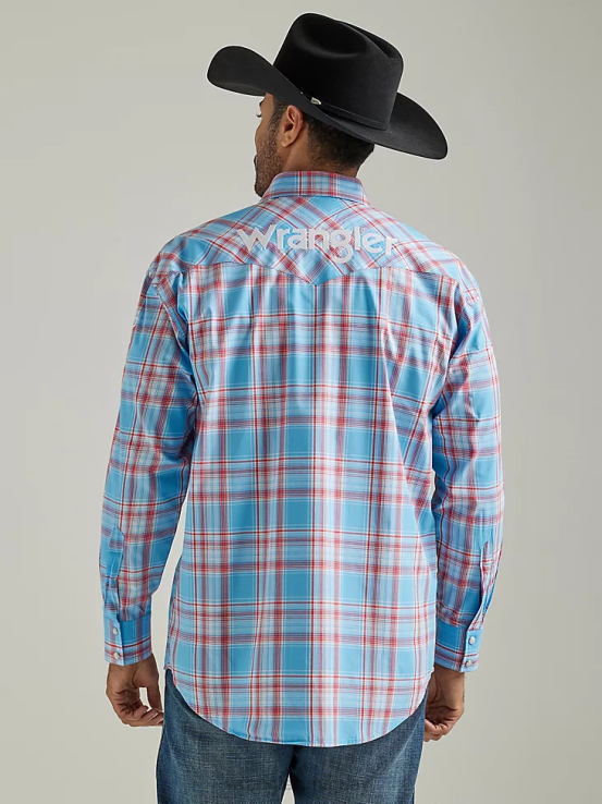 azul soleado Wrangler hombres camisa a cuadros de manga larga con logo estilo western ropa F8J4V498
