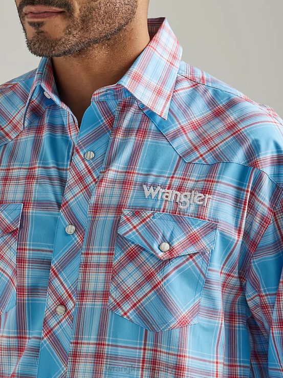 azul soleado Wrangler hombres camisa a cuadros de manga larga con logo estilo western ropa F8J4V498