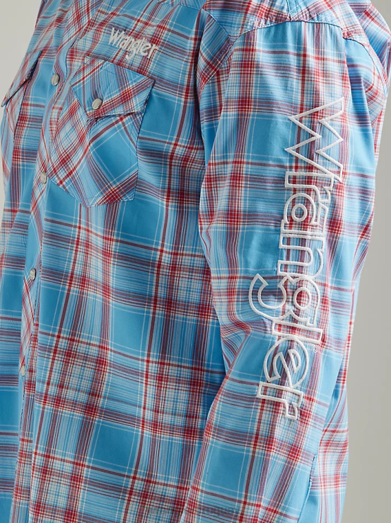 azul soleado Wrangler hombres camisa a cuadros de manga larga con logo estilo western ropa F8J4V498