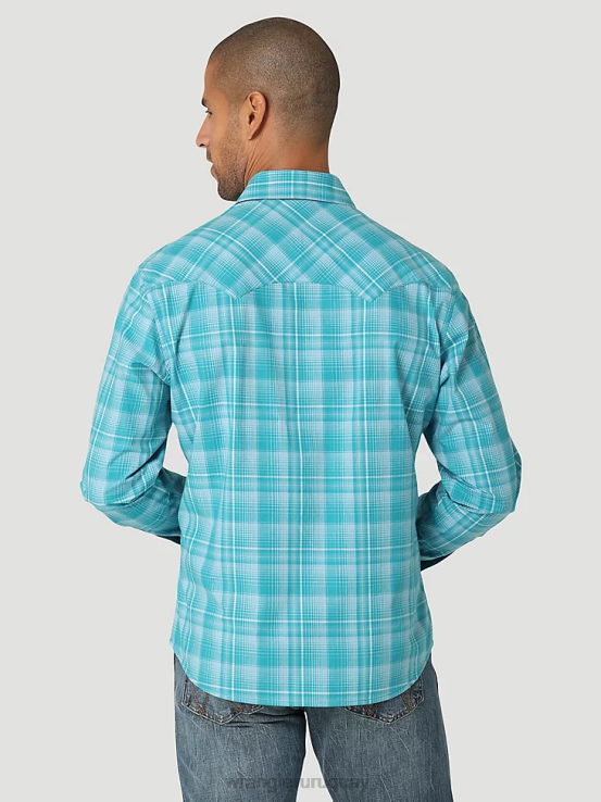 azul verdoso Wrangler hombres camisa occidental retro de manga larga con bolsillo a presión y dientes de sierra ropa F8J4V693