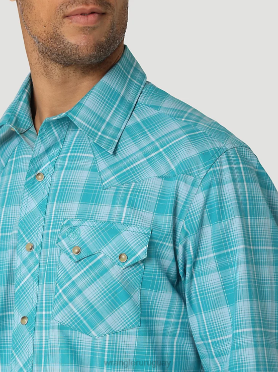 azul verdoso Wrangler hombres camisa occidental retro de manga larga con bolsillo a presión y dientes de sierra ropa F8J4V693