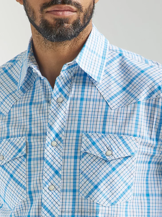 bebe azul Wrangler hombres Camisa a cuadros con botones a presión estilo occidental manga larga dos bolsillos comodidad avanzada 20x Competition ropa F8J4V491