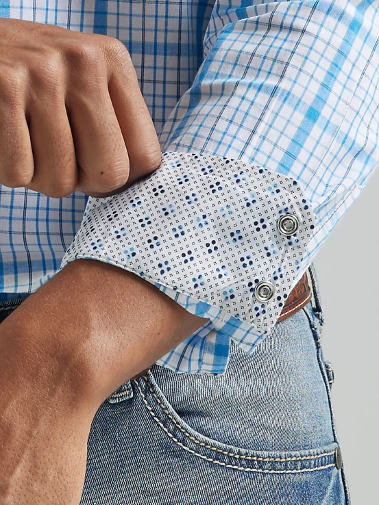 bebe azul Wrangler hombres Camisa a cuadros con botones a presión estilo occidental manga larga dos bolsillos comodidad avanzada 20x Competition ropa F8J4V491