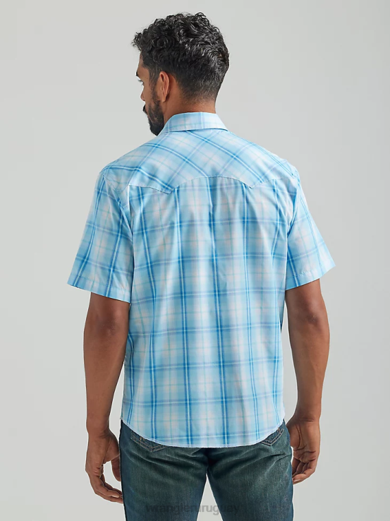 bebe azul Wrangler hombres Camisa a cuadros con broche occidental de manga corta a presión a la moda ropa F8J4V457