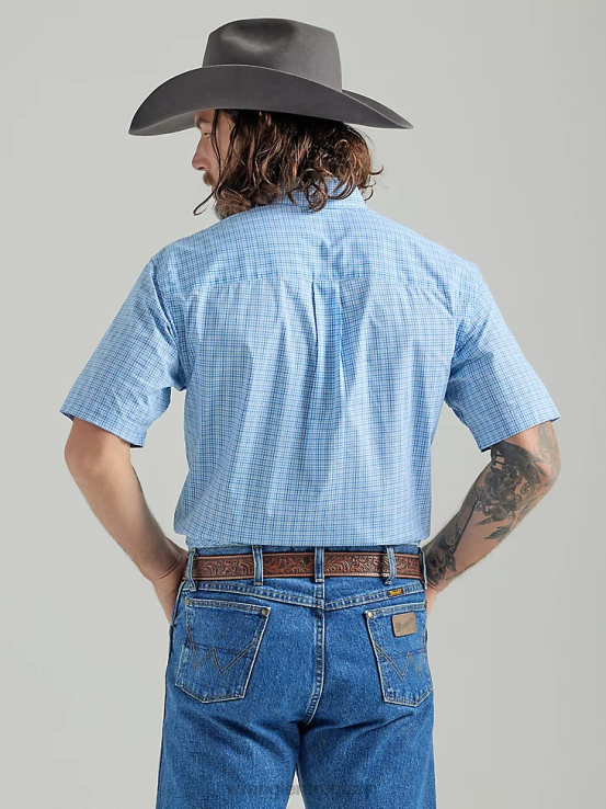bebe azul Wrangler hombres camisa a cuadros con botones y 2 bolsillos de manga corta george strait ropa F8J4V333