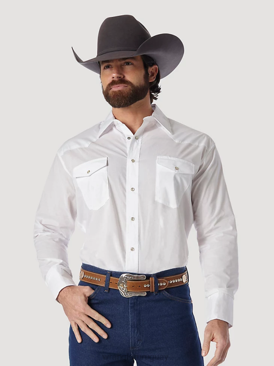 blanco Wrangler hombres camisa con broche occidental - tela ancha sólida de manga larga ropa F8J4V449