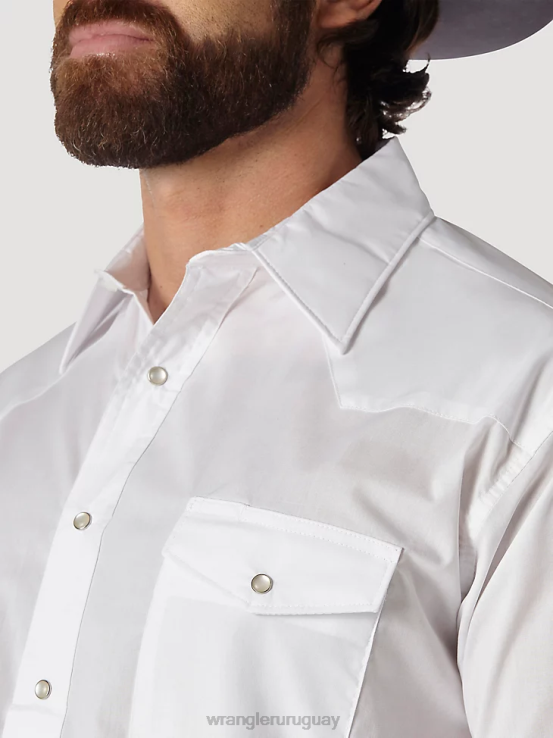 blanco Wrangler hombres camisa con broche occidental - tela ancha sólida de manga larga ropa F8J4V449