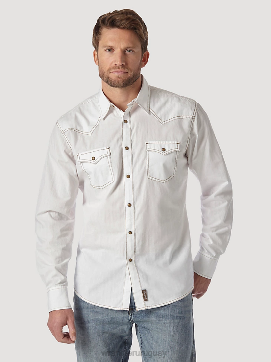 blanco Wrangler hombres camisa dobby sólida estilo retro de manga larga con broche occidental ropa F8J4V470