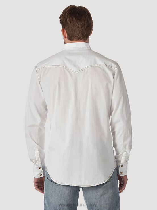 blanco Wrangler hombres camisa dobby sólida estilo retro de manga larga con broche occidental ropa F8J4V470