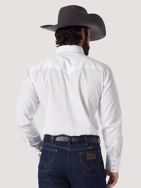 blanco Wrangler hombres camisa occidental de manga larga con rayas dobby y botones a presión ropa F8J4V469