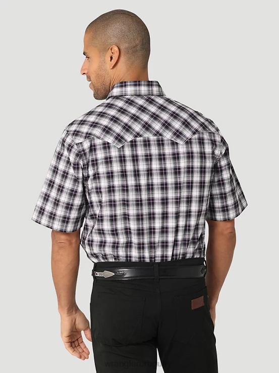 blanco negro Wrangler hombres camisa retro a cuadros de bolsillo con solapa de diente de sierra y broche occidental de manga corta ropa F8J4V428