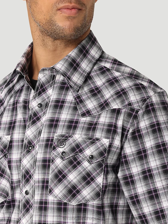 blanco negro Wrangler hombres camisa retro a cuadros de bolsillo con solapa de diente de sierra y broche occidental de manga corta ropa F8J4V428