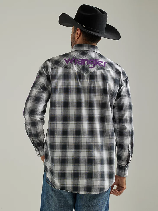 búfalo blanco negro Wrangler hombres camisa a cuadros de manga larga con logo estilo western ropa F8J4V499