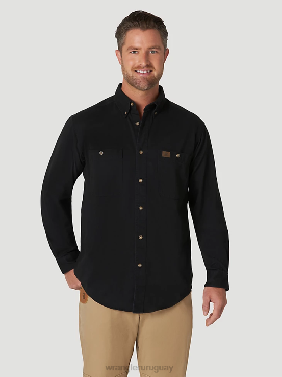 negro Wrangler hombres Riggs Workwear camisa de trabajo de sarga sólida con botones y manga larga ropa F8J4V353