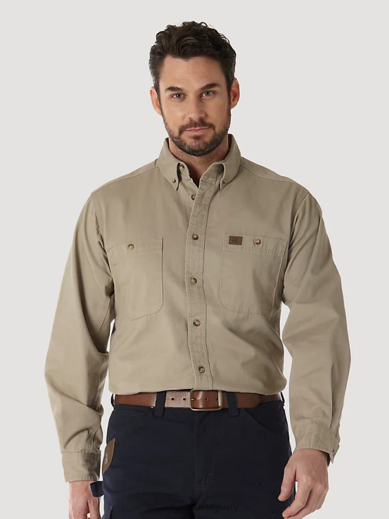 caqui Wrangler hombres Riggs Workwear camisa de trabajo de sarga sólida con botones y manga larga ropa F8J4V351