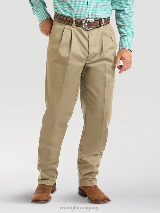 caqui Wrangler hombres pantalones casuales con frente plisado y ajuste relajado ropa F8J4V262