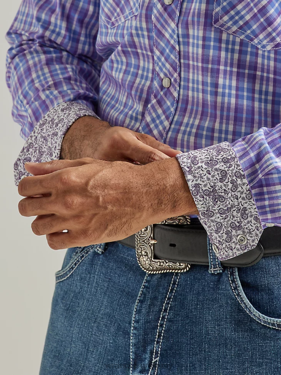 cheque de uva morada Wrangler hombres Camisa a cuadros con botones a presión estilo occidental manga larga dos bolsillos comodidad avanzada 20x Competition ropa F8J4V496