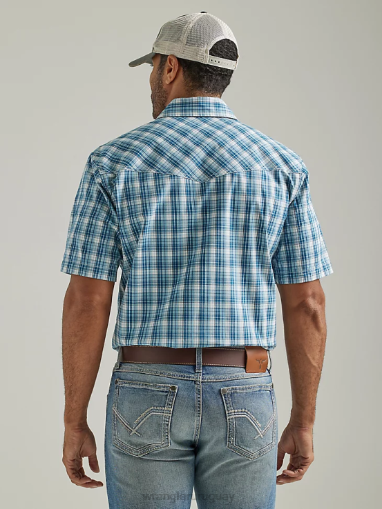 cheque pacífico Wrangler hombres Camisa a cuadros de dos bolsillos con broche occidental de manga corta y comodidad avanzada de competición 20x ropa F8J4V453