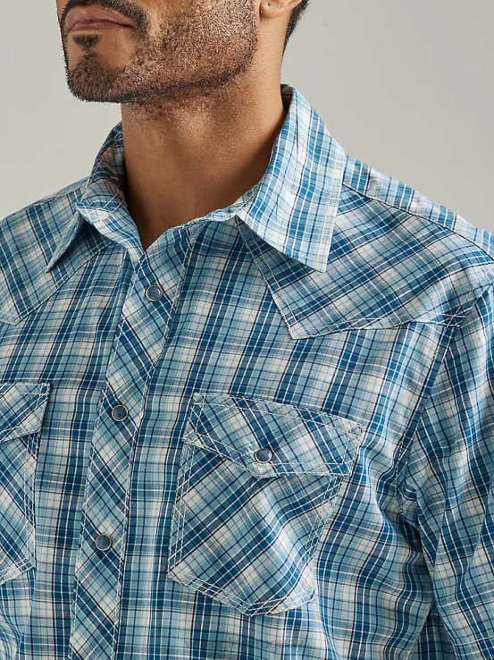 cheque pacífico Wrangler hombres Camisa a cuadros de dos bolsillos con broche occidental de manga corta y comodidad avanzada de competición 20x ropa F8J4V453