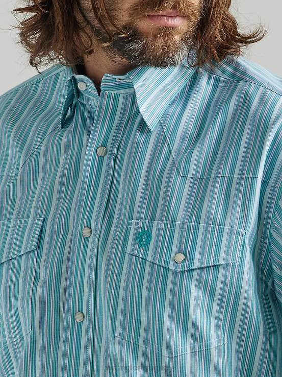 crepúsculo azul marino Wrangler hombres Camisa de manga corta con estampado de broche occidental y comodidad avanzada de competición 20x ropa F8J4V503