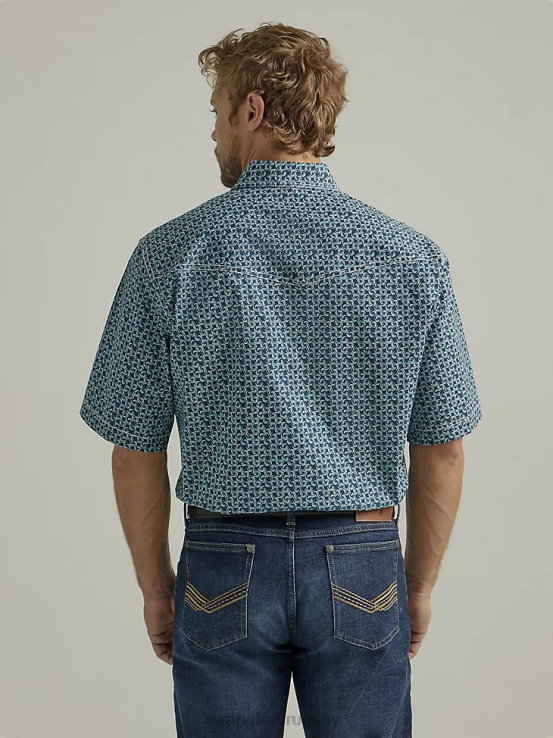 crepúsculo azul marino Wrangler hombres Camisa de manga corta con estampado de broche occidental y comodidad avanzada de competición 20x ropa F8J4V503