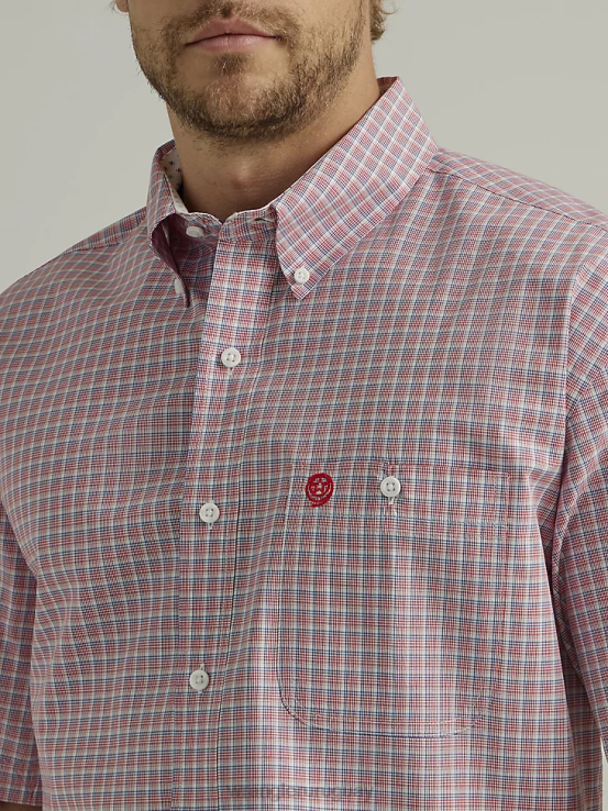 cuadros rojos brillantes Wrangler hombres Camisa a cuadros con botones y 1 bolsillo de manga corta George Strait ropa F8J4V311