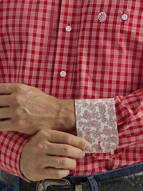 cuadros rojos rosados Wrangler hombres Camisa a cuadros de manga larga con botones y un bolsillo de George Strait ropa F8J4V318