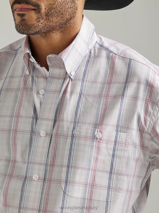 cuadros rosa pastel Wrangler hombres Camisa a cuadros con botones y 1 bolsillo de manga corta George Strait ropa F8J4V310