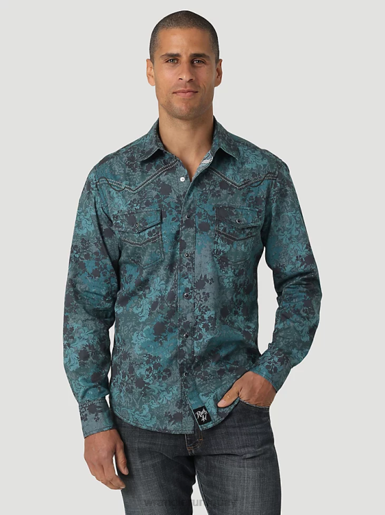 cuero crudo Wrangler hombres camisa de trabajo sólida con broche occidental de manga larga y acabado firme con corte vaquero ropa F8J4V416