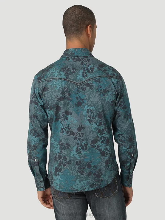 cuero crudo Wrangler hombres camisa de trabajo sólida con broche occidental de manga larga y acabado firme con corte vaquero ropa F8J4V416